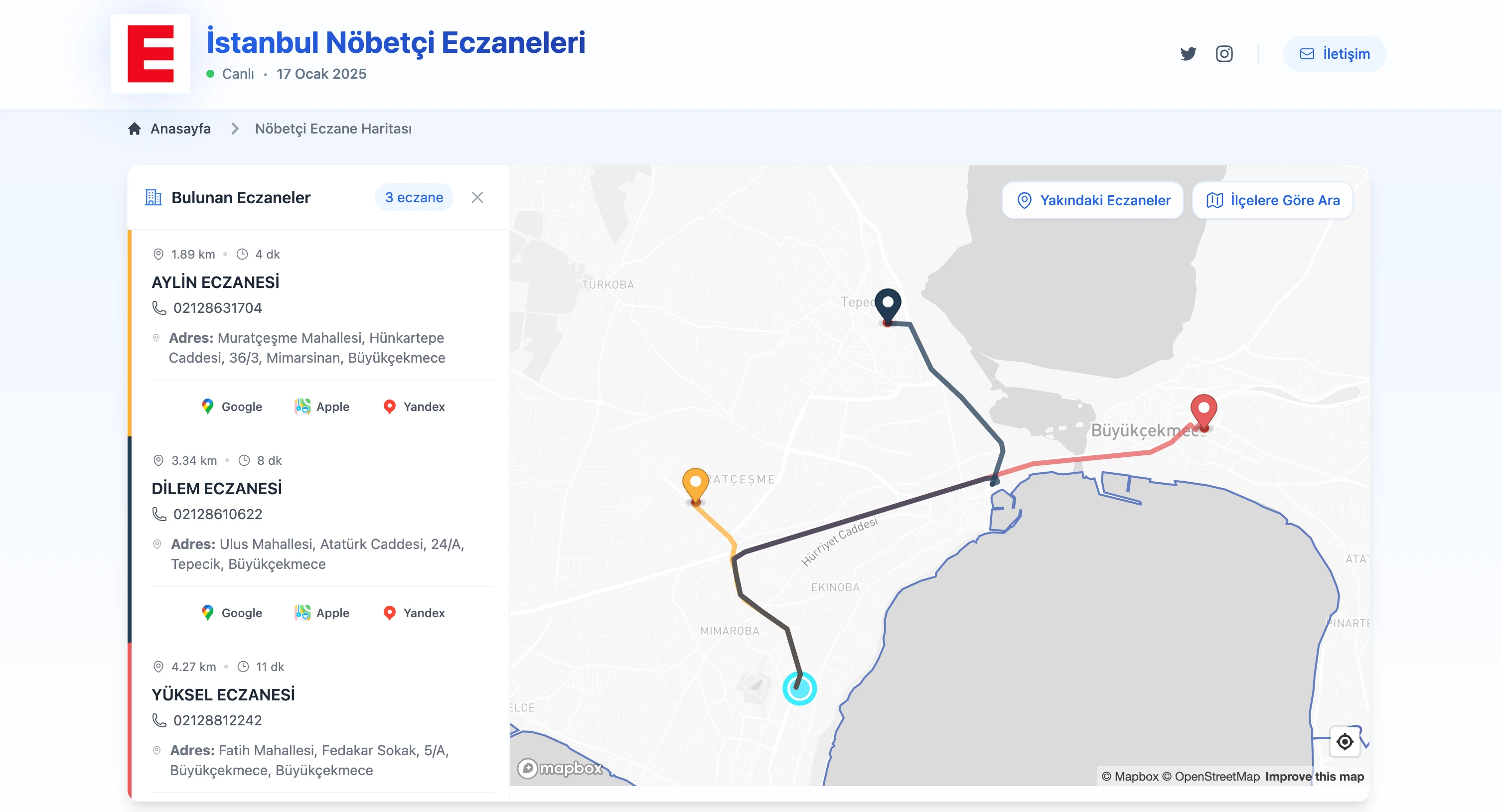 İstanbul Nöbetçi Eczane Harita Görünümü